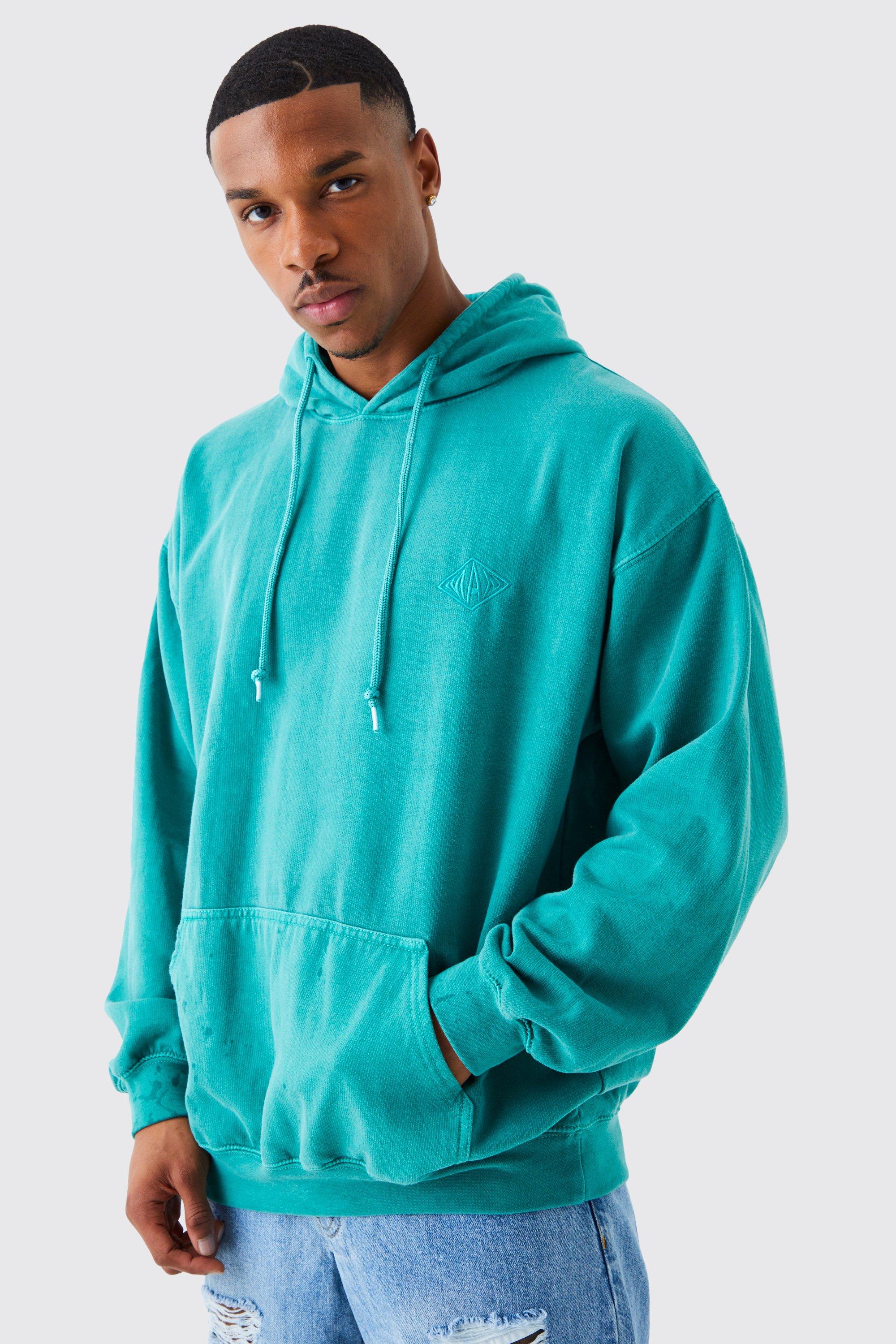 Mens Green Oversized Washed Man Embroidered Hoodie, Green